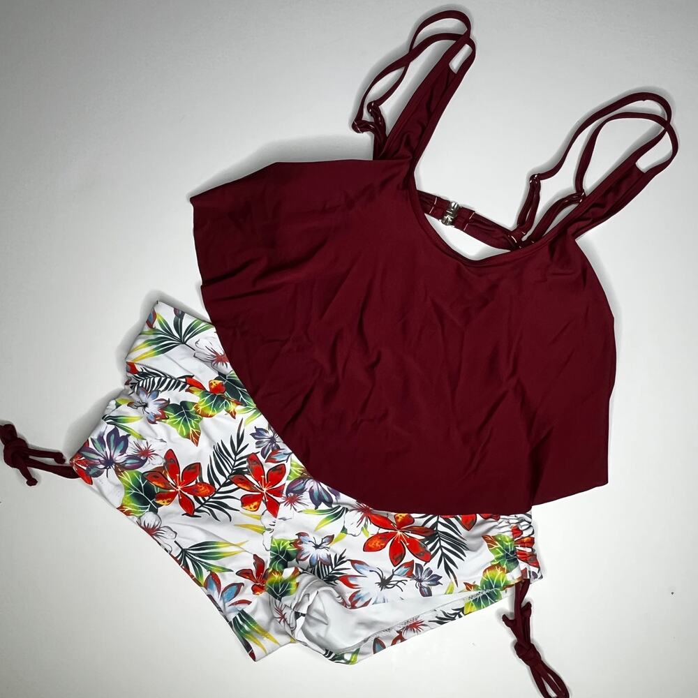 MakeMeChic Floral Tankini Swimsuit Set Open Back Boyshorts Maroon M New